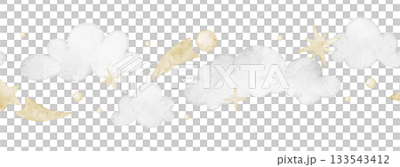 Cloud watercolor border with stars, comets and soft pastel sky elements. Illustration of seamless pattern for nursery designs or baby shower greeting cards and childish invitations. Frame for kids. 133543412