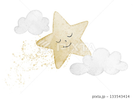 Star watercolor illustration with a peaceful sleepy face, surrounded by clouds in pastel tones. Drawing of sky object for nursery posters and baby shower greeting cards in dreamy night style. 133543414