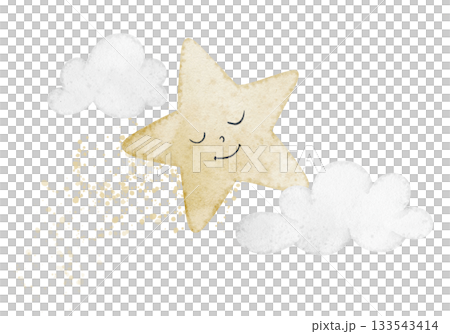 Star watercolor illustration with a peaceful sleepy face, surrounded by clouds in pastel tones. Drawing of sky object for nursery posters and baby shower greeting cards in dreamy night style. 133543414