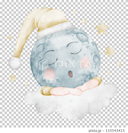 Moon watercolor illustration with a sleepy lunar face resting on clouds, surrounded by stars and pastel tones. Drawing of sky object for bedtime nursery posters or dreamy night designs. Moon watercolor illustration with a sleepy lunar face resting on clouds, surrounded by stars and pastel tones. Drawing of sky object for bedtime nursery posters or dreamy night designs. 133543415