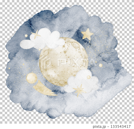 Moon watercolor illustration with dark blue sky, clouds, stars and comets. Drawing of celestial scene for dreamy night nursey poster or childish cosmic designs. Art in pastel colors for baby greeting. Moon watercolor illustration with dark blue sky, clouds, stars and comets. Drawing of celestial scene for dreamy night nursey poster or childish cosmic designs. Art in pastel colors for baby greeting. 133543417