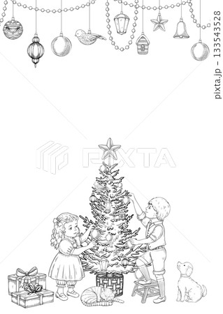 Vector illustration Christmas Template for cards with kids decorating tree with garlands and toys. Linear cozy vintage holiday frame for Xmas invitations or New Year greeting cards. Art for posters. 133543528