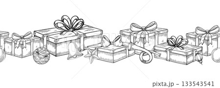 Vector seamless border with Christmas presents, ribbons, and pine branches. Linear illustration of ornament with gift boxes and bows for Xmas invitations or New Year greeting cards. Art for frame. Vector seamless border with Christmas presents, ribbons, and pine branches. Linear illustration of ornament with gift boxes and bows for Xmas invitations or New Year greeting cards. Art for frame. 133543541