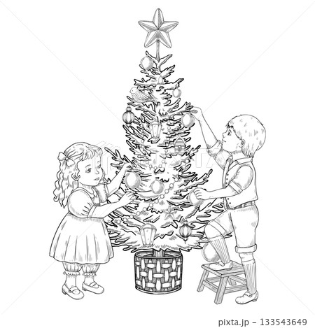 Christmas Tree vector illustration with children decorating tree with ornaments. Linear drawing with boy and girl decorating pine with baubles and star for vintage Xmas greeting cards or New Year art. Christmas Tree vector illustration with children decorating tree with ornaments. Linear drawing with boy and girl decorating pine with baubles and star for vintage Xmas greeting cards or New Year art. 133543649