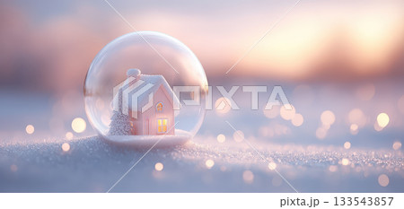 Charming snow covered house sits inside glass dome, surrounded by winter wonderland. warm glow from windows creates cozy atmosphere, evoking spirit of Christmas 133543857