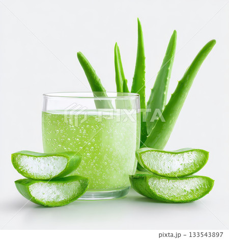 Refreshing aloe vera juice made from natural ingredients offers essential benefits for health and wellness. This drink is perfect for aromatherapy and revitalizing body with its soothing 133543897