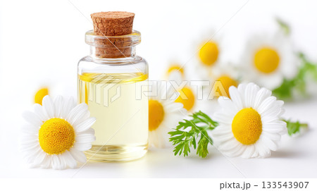 Aromatherapy essential oil in glass bottle surrounded by natural chamomile flowers creates calming atmosphere. This natural oil promotes relaxation and well being 133543907