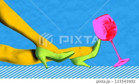 Bold collage with yellow legs balancing bright pink wine glass 133543992