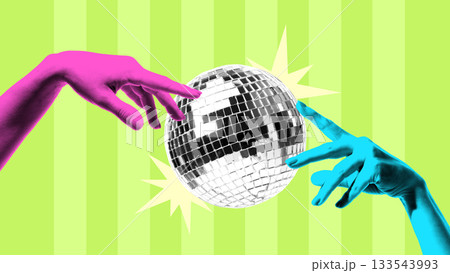 Vibrant collage with pink and blue hands reaching for disco ball Vibrant collage with pink and blue hands reaching for disco ball 133543993