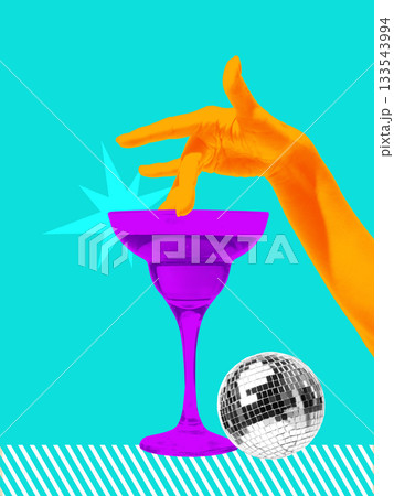 Bright composition with neon hand hovering over cocktail glass. Bright composition with neon hand hovering over cocktail glass. 133543994
