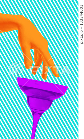 Graphic collage with neon hand touching cocktail glass. 133544001