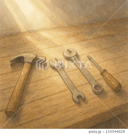 工具シリーズ:朝の光が差し込む工房の机 工具シリーズ:朝の光が差し込む工房の机 133544029