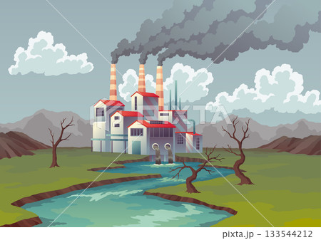 Pollution factory, plant pipes from which smoke comes out. Trash emission to river water. Landscape with nature ecology problem concept in flat style. Dirty waste water polluted environment Pollution factory, plant pipes from which smoke comes out. Trash emission to river water. Landscape with nature ecology problem concept in flat style. Dirty waste water polluted environment 133544212