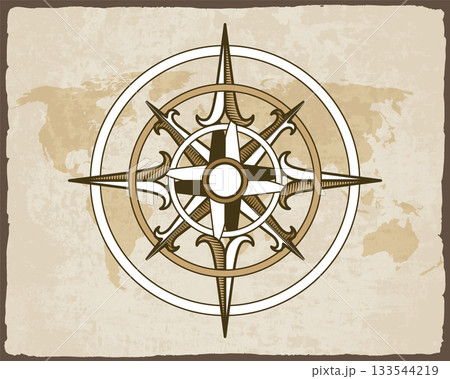 Retro nautical compass. Hand drawn wind rose on map background. Old vector design element for marine theme and heraldry. Vintage rose of wind for sea marine navigation 133544219