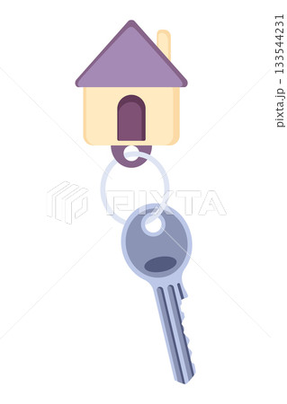 Door keys keyfob. Ring with trinket, keychains plastic tag hanging on keyring. House, apartment or room locking accessories. Cartoon flat vector isolated on white background 133544231