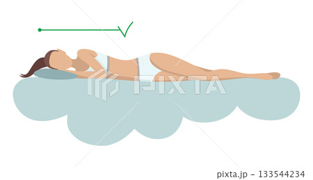 Correct sleeping body posture. Healthy sleeping position spine on orthopedic mattress and pillow. Caring for health of back, neck. Vector illustration 133544234