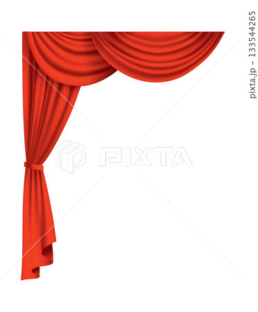 Red curtains realistic. Theater fabric silk decoration for movie cinema or opera hall. Curtains and draperies interior decoration object. Isolated on transparent for theater stage 133544265