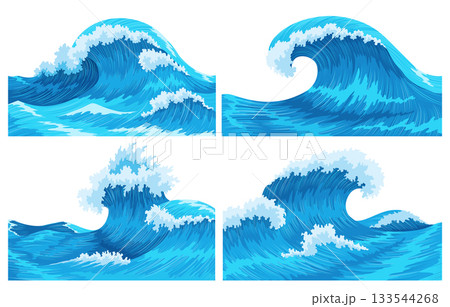 Ocean waves. Four scenes of blue sea or ocean waves with spray, foam on crest. Splash water, marine sea storm element, vector illustration Ocean waves. Four scenes of blue sea or ocean waves with spray, foam on crest. Splash water, marine sea storm element, vector illustration 133544268