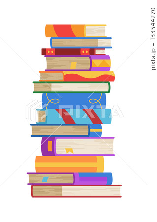 High book stacks or pile. Library textbooks and school literature heaps, dictionaries. Bookstore advertise. Cartoon stacked books angle view with different colorful covers isolated on white 133544270