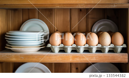 A neat row of brown eggs in a carton flanked by stacks of clean plates on wooden kitchen shelves. A neat row of brown eggs in a carton flanked by stacks of clean plates on wooden kitchen shelves. 133544382