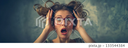 A woman with oversized glasses expresses shock, her hands on her head, against a textured background. 133544384