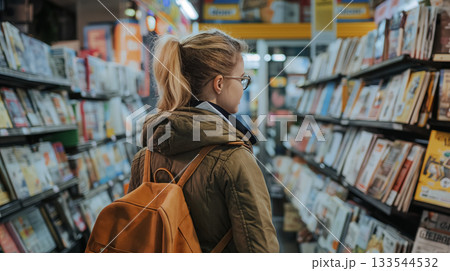 A young woman with glasses and a backpack thoughtfully peruses the bookshelves in a well-lit store. 133544532