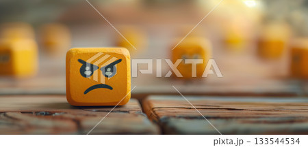 A single angry-faced emoji stands out on a wooden surface, surrounded by other indifferent or neutral faces. 133544534