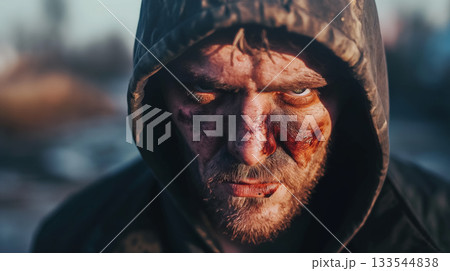 A man with an intense gaze, his face marked with bruises and scars, conveying a strong emotion. A man with an intense gaze, his face marked with bruises and scars, conveying a strong emotion. 133544838