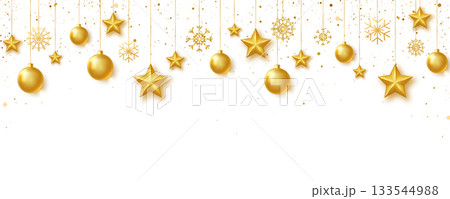 Gold stars, balls and snowflakes background. Celebration frame. Bright Holiday ornament. Luxury hanging baubles. Christmas 3d gold glass toys. Festive glitter design elements. Vector illustration 133544988