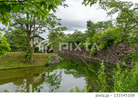 Stone moat and trees around Matsumoto Castle in Japan 133545109