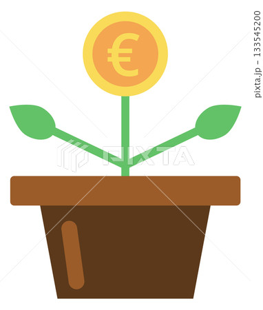 A plant is growing in a brown pot with a gold coin on top A plant is growing in a brown pot with a gold coin on top 133545200