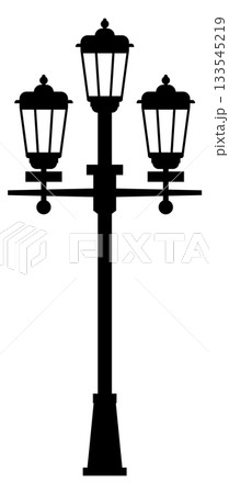 A black and white image of a street light pole with three lights on it 133545219