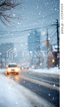 Snowy city street scene with a white car illuminated by headlights, a blurred urban background with buildings and traffic lights, and bare tree branches in the foreground 133545434