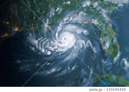striking satellite image captures a powerful hurricane swirling over the ocean near a brightly lit coastline, likely Florida or the Gulf Coast, indicating nighttime conditions on land 133545450