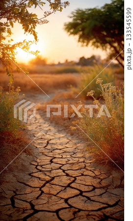 vertical shot of a cracked, dry path leading into a warm, sunlit field with sparse vegetation under a bright sky, framed by foliage vertical shot of a cracked, dry path leading into a warm, sunlit field with sparse vegetation under a bright sky, framed by foliage 133545599