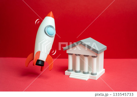 Bank and startup rocket. Fintech projects and innovations in the banking sector. Rapid growth, digital transformation and investment opportunities. Finance, startups and technology trends. 133545733