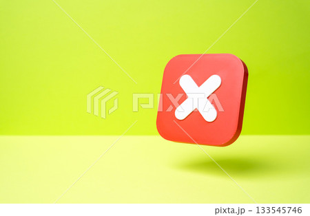 Red button with an X. Denial and shutdown. Restrictions and limitations. Blocked access, and system failure. IT support, digital safety, and error prevention. 133545746