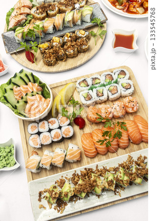 sushi mixed plate moriawase meal on plate in japanese restaurant 133545768