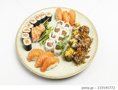sushi mixed plate moriawase meal on plate in japanese restaurant sushi mixed plate moriawase meal on plate in japanese restaurant 133545772