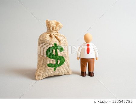 Office worker and dollar money bag. Financial independence, wage growth, and the prosperity of working individuals. Savings and income stability. Expenses for employee retraining and training. 133545783