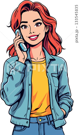 Smiling young woman making a phone call in pop art style 133545835