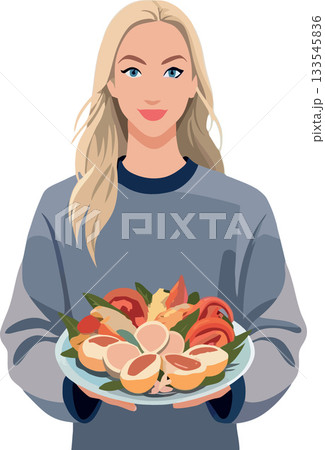 Woman holding plate of fresh food, promoting healthy eating and lifestyle Woman holding plate of fresh food, promoting healthy eating and lifestyle 133545836