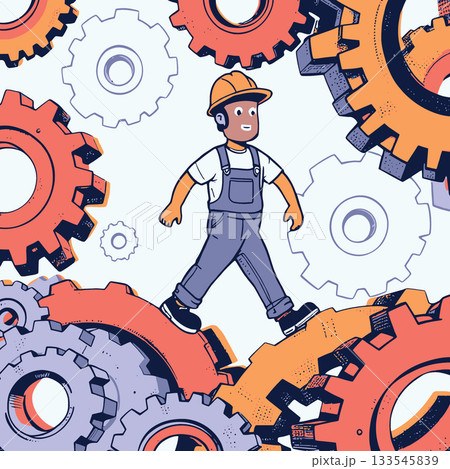 Technician walking on gears symbolizing industrial progress 133545839