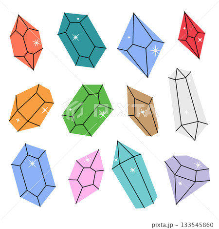 Crystals. Gems of different shapes. Gemstones, amethyst, ruby, sapphire, emerald, topaz and quartz. 133545860