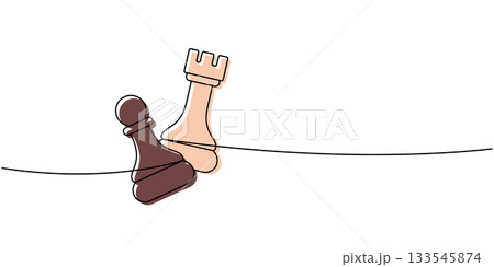 Minimalist line art of a pawn and rook in soft brown and beige tones, abstract chess composition with modern flat color accents 133545874