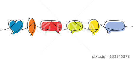 Minimalist continuous line art with six colorful speech bubbles. Creative outline art for communication and relationship themes 133545878