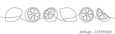 Continuous line lemon drawing. Minimal outline of sliced and whole citrus fruits in elegant single-line art Continuous line lemon drawing. Minimal outline of sliced and whole citrus fruits in elegant single-line art 133545883