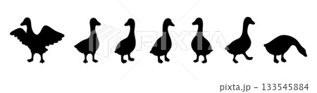 Minimal goose silhouettes in walking and standing positions. Cartoon vector icon pack 133545884