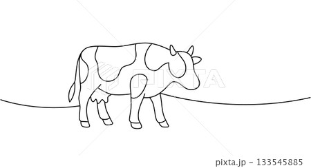 Cow in relaxed pose. Continuous line black drawing of peaceful livestock in rural scenery 133545885