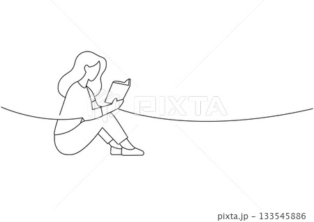 Sitting woman reading book in outline drawing style. Calm posture and minimalist educational theme 133545886